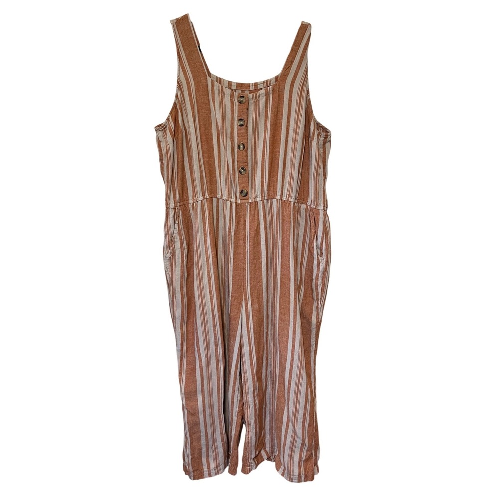 Jason Wu Striped Linen Blend Wide Leg Button Jumpsuit Terracotta 2XP Sleeveless